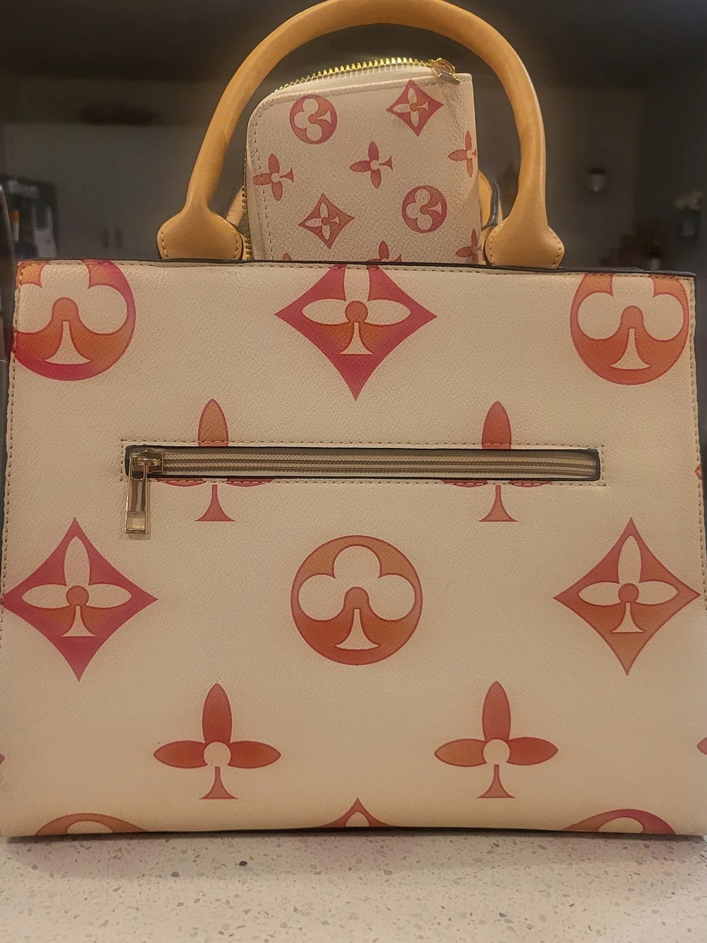 Cream and Pink Designer Logo Tote and Wallet Set